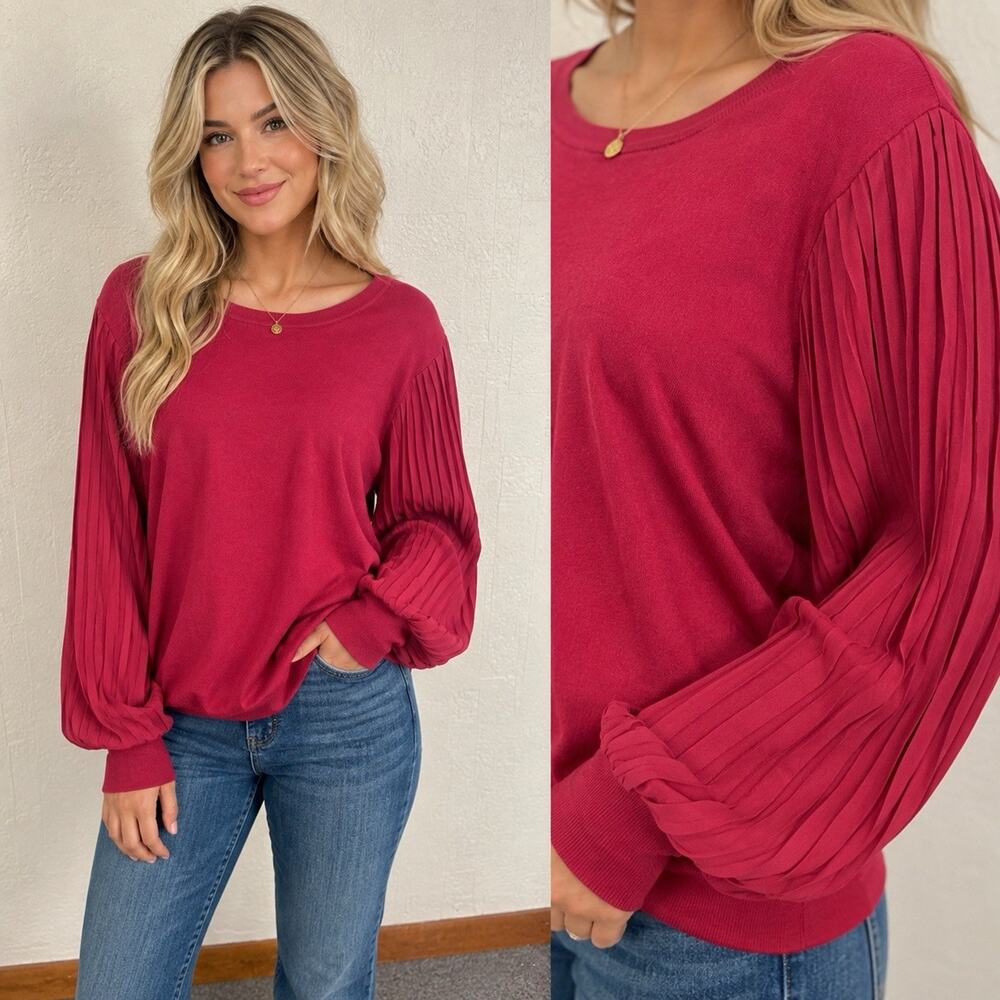 C22 Adrianna Papell Pleated Long Sleeve Sweater Red Plum Extra Large NWT